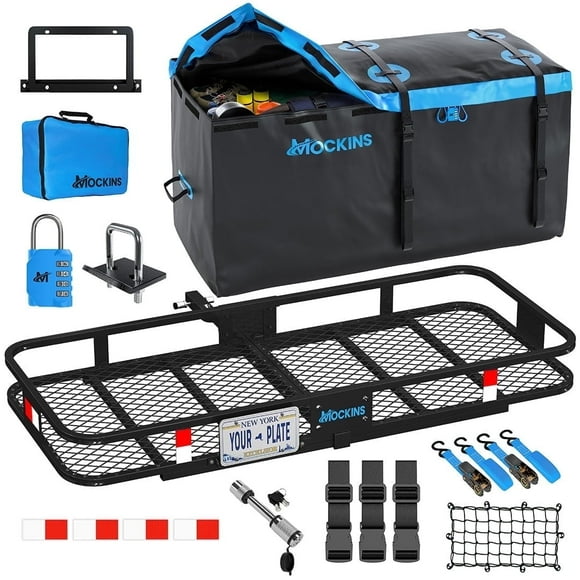 Mockins 60"x24"x6" Trailer Hitch Cargo Carrier with 25 Cu.Ft. Blue Cargo Bag and Accessories