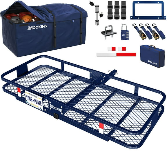 Mockins 60"x30"x6" Navy Tow Hitch Cargo Carrier with 30 Cu.Ft. Navy Cargo Bag, License Plate Holder, Stabilizer, Locks and Straps