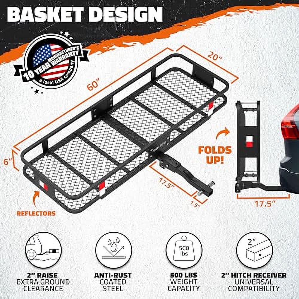 Mockins 60x20x6 Folding Cargo Carrier Hitch Mount 500 lb Cap Hitch