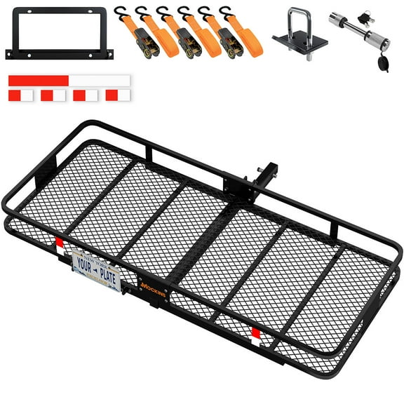 Mockins 70"x30"x6" Tow Hitch Cargo Carrier with License Plate Holder, Stabilizer, Hitch Lock and Ratchet Straps