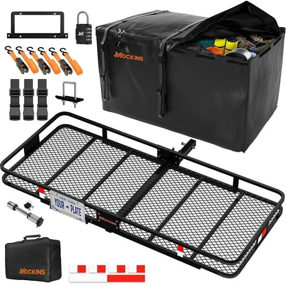 Mockins 70"x30"x6" XL Tow Hitch Cargo Carrier with License Plate Holder, 40 Cu.Ft. Cargo Bag, Stabilizer, Locks and Straps