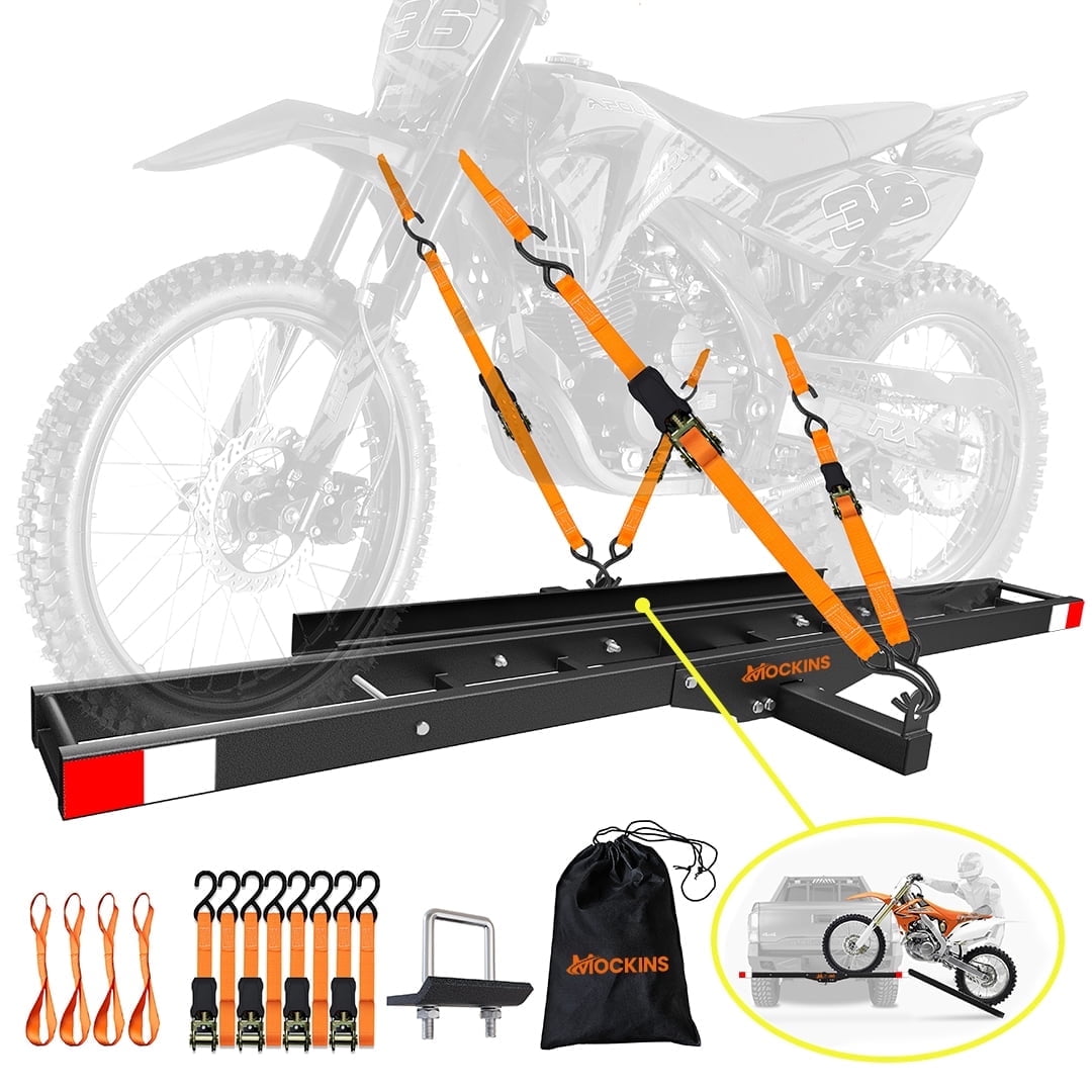 Mockins 73" Black Anti-Tilt Dirt Bike Carrier Hitch Mount with Loading Ramp, Straps and Stabilizer