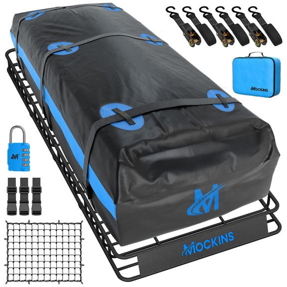 Mockins 84"x39"x6" Extendable Roof Rack Cargo Carrier Set with 35 Cu. Ft. Blue Rooftop Cargo Carrier Bag, Net, Straps, Lock and Carry Case