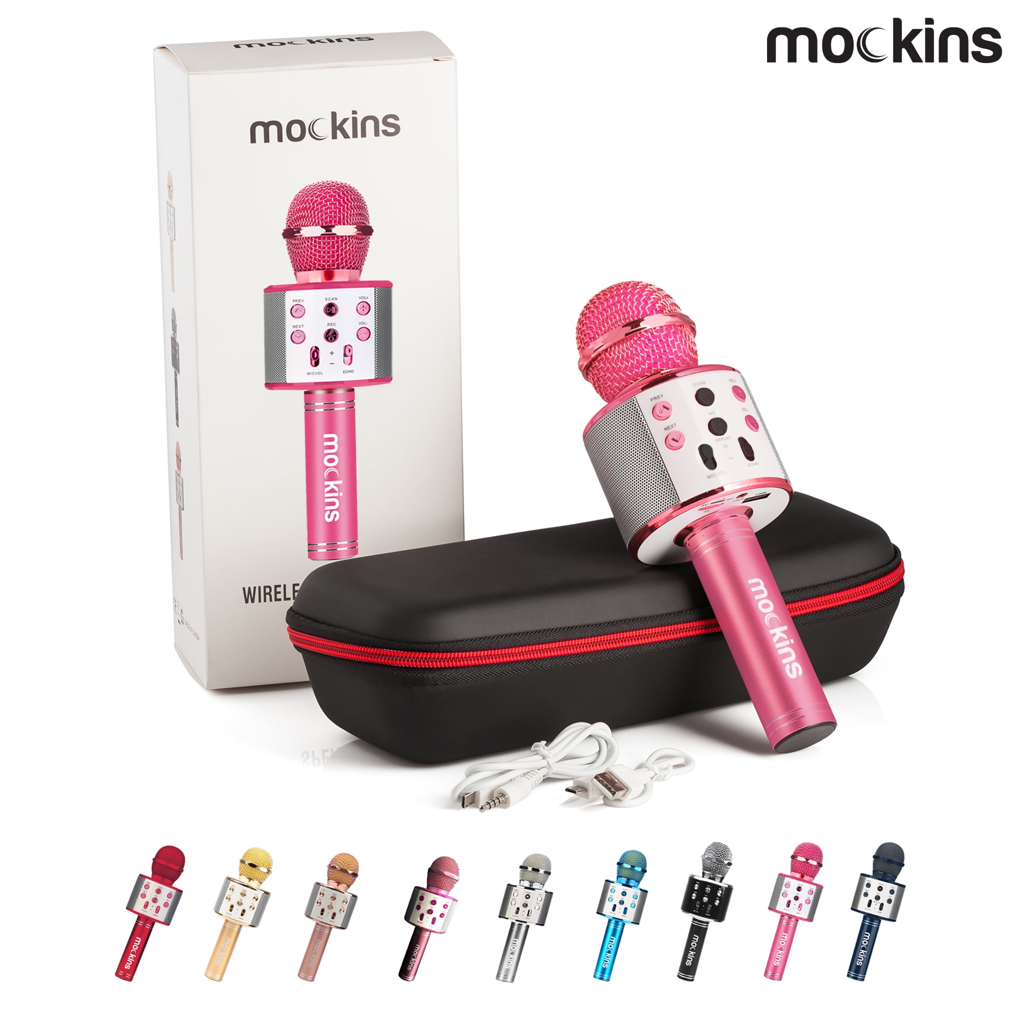 NEVLERS Mockins Pink Karaoke Microphone with Colorful LED Lights, Voice Changer and Wireless Bluetooth Speaker for Singing