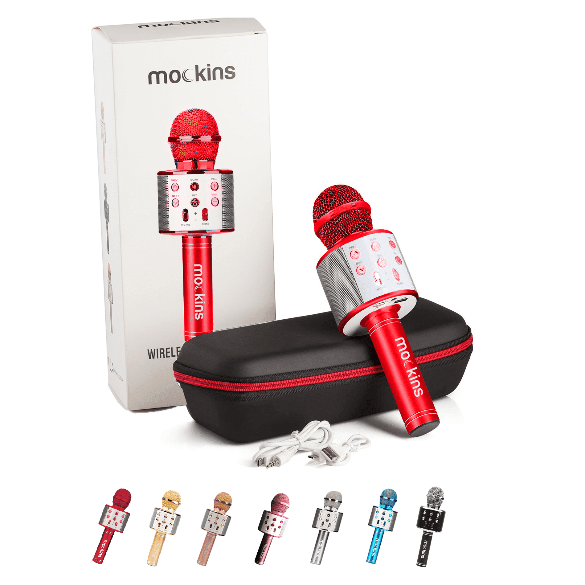 Mockins Red Bling Karaoke Microphone with LED Lights, Voice Changer & Wireless Bluetooth Speaker  - Carry Case