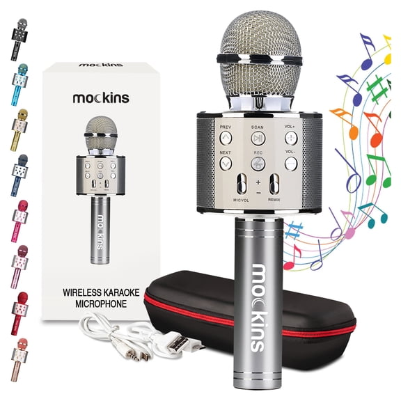 Mockins Silver Portable Bluetooth Karaoke Microphone | Mic & Bluetooth Speaker | Compatible with IOS and Android Devices