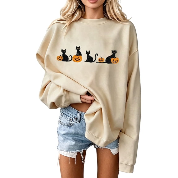 Mockneck Sweatshirt BWASD Halloween Fashion Oversized Sweatshirt for Women Cute Pumpkin and Black Cat Loose Pullover Loungewear for Spooky Season Party Wear |Beige,L