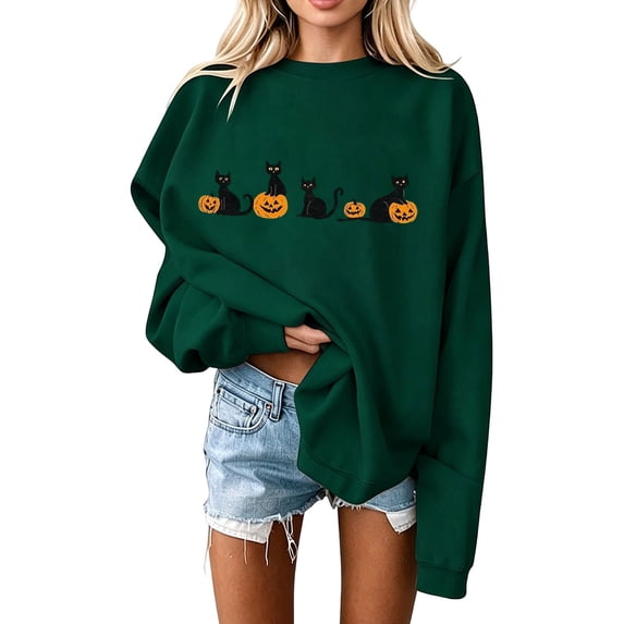 Mockneck Sweatshirt BWASD Halloween Fashion Oversized Sweatshirt for Women Cute Pumpkin and Black Cat Loose Pullover Loungewear for Spooky Season Party Wear |Green,2XL