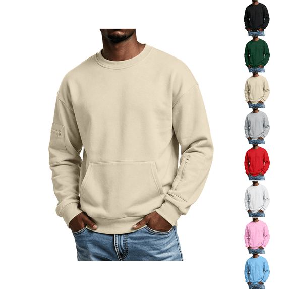 Mockneck Sweatshirt Nelozsy Men's Winter Casual Fashion Solid Color Round Neck Zipper Multi Pocket Hoodie Top Khaki XL