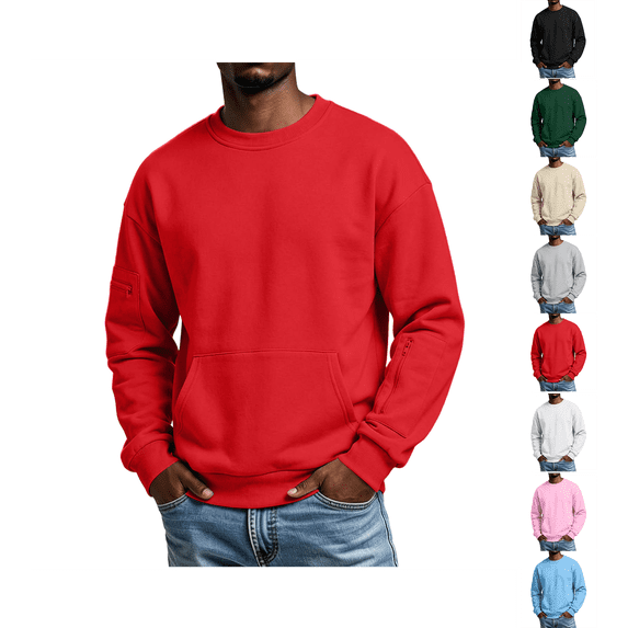 Mockneck Sweatshirt Nelozsy Men's Winter Casual Fashion Solid Color Round Neck Zipper Multi Pocket Hoodie Top Red S