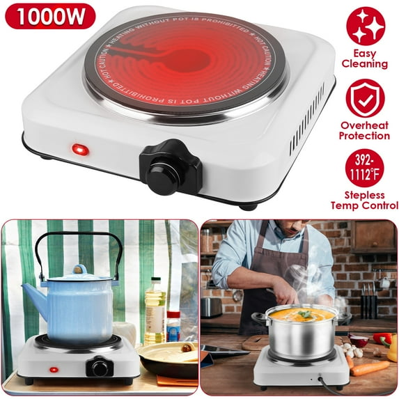 Moclever 1000W Electric Hot Plate, Electric Infrared Single Burner Portable Countertop Burner with 7.5” Glass Cooktop Stepless, White