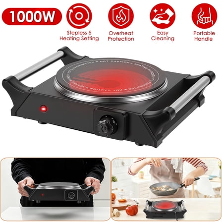 Moclever 1000W Electric Single Burner Portable Heating Hot Plate Stove Countertop RV Hotplate with 5 Temperature Stepless Adjustments Portable Handles
