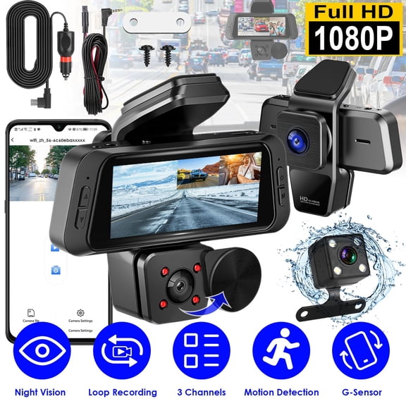 Moclever 1080P FHD 3 Channel WiFi Car Dash Cam, 170 Wide Angle Dashboard Camera with IR Night Vision, G-Sensor, Loop Recording, App Control, Support 128GB Max