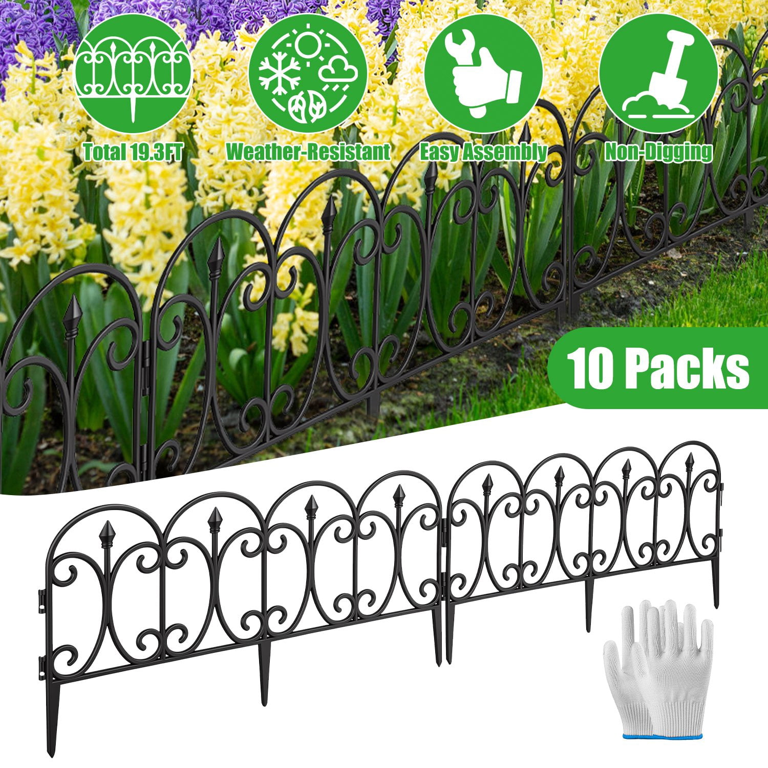 Moclever 10Pcs Garden Decorative Lawn Edging Border, 19.3ft No-Dig Plastic Garden Border Fence with Gloves, Black