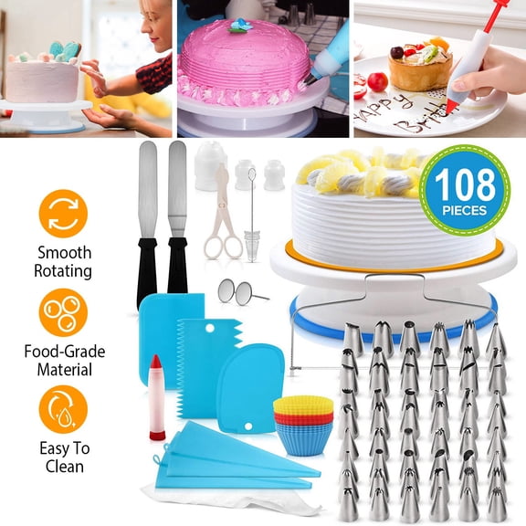 Moclever 11in Rotating Cake Turntable 108Pcs Cake Decorating Supplies Kit Revolving Cake Table Stand Base Baking Tools, White