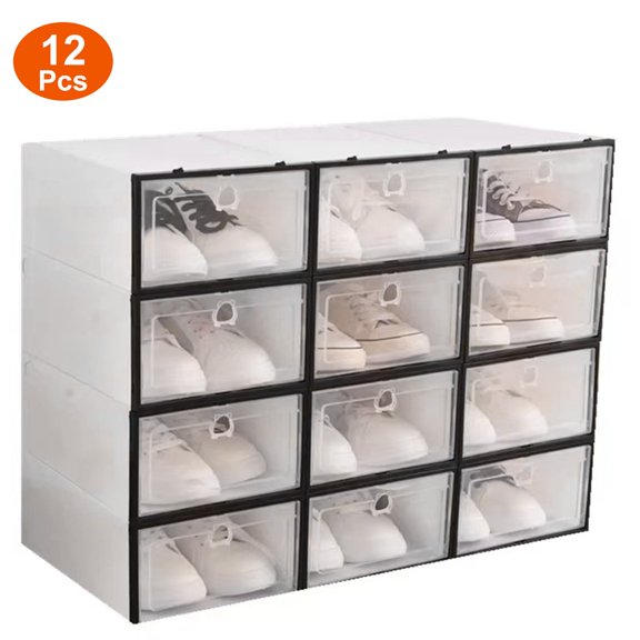 Moclever 12 Pack Three Floors Shoe Storage Natural Box Container Plastic Shoe Organizer Black