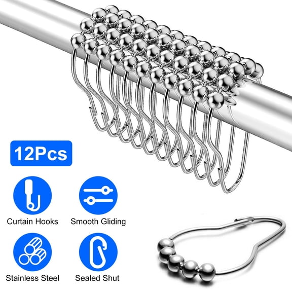 Moclever 12Pcs Rustproof Stainless Steel Shower Curtain Hooks, Smooth Gliding Sealed Curtain Ring Hooks for Shower Curtain Rod