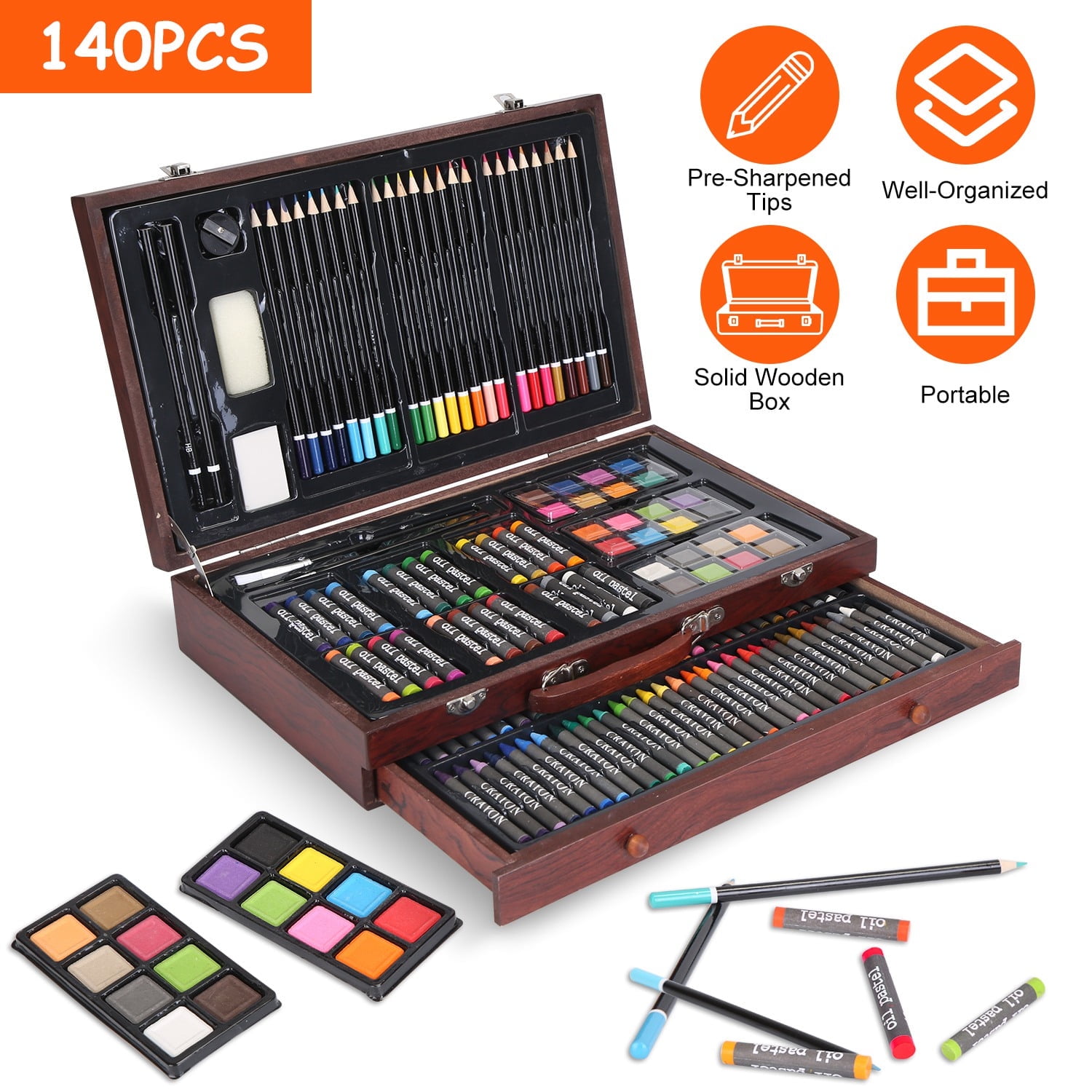 Moclever 140Pcs Art Supplies for Kids, Art Kit with Colored Pencils Oil Pastels Crayons Watercolor Cakes Brushes Sharpener Eraser in Elegant Wooden Box