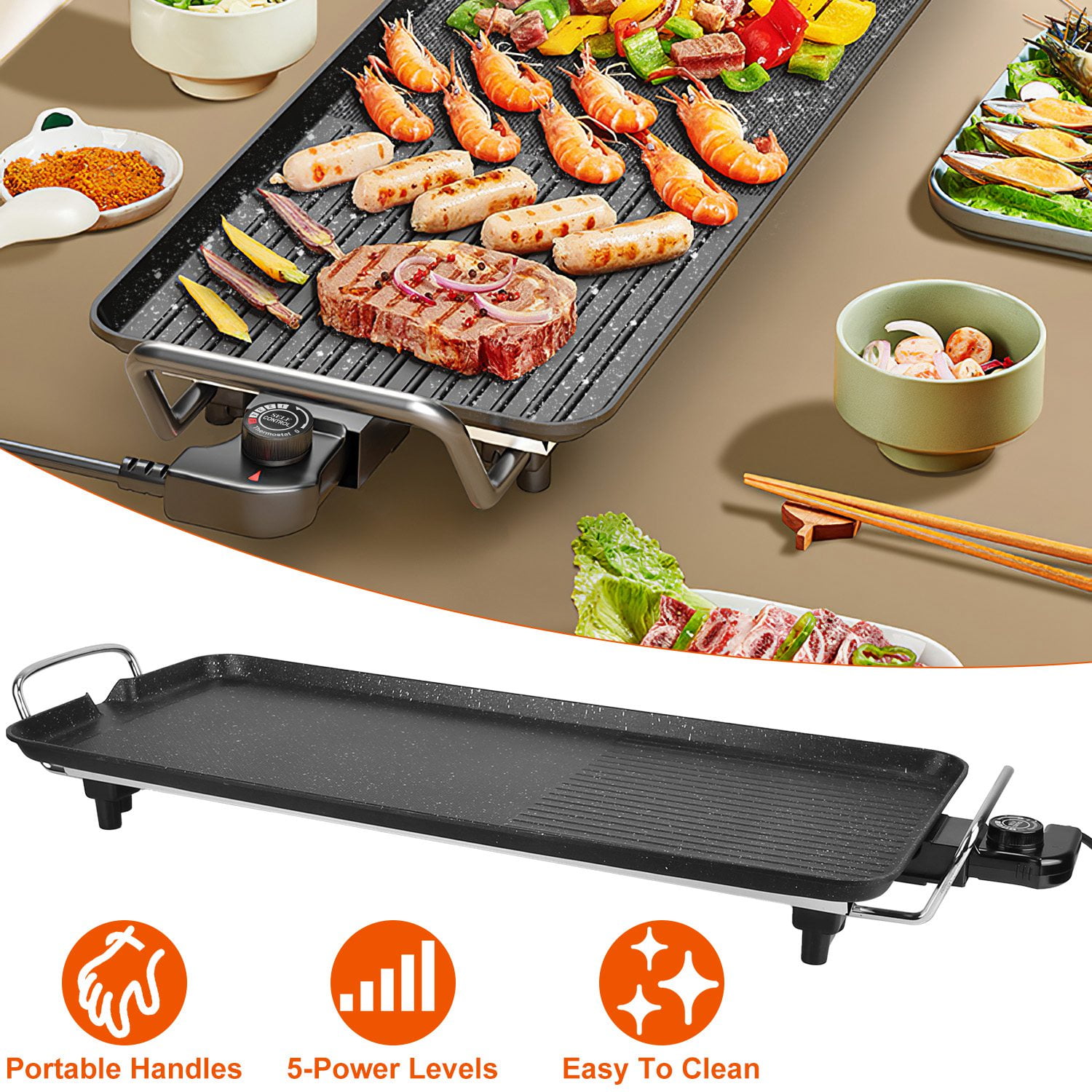 Moclever 1500W Electric Barbecue Grill, Hot Plate BBQ Griddle Non-Stick Table Top Grill Griddle for Indoor Outdoor BBQ, 29.13x11.42x3.94in