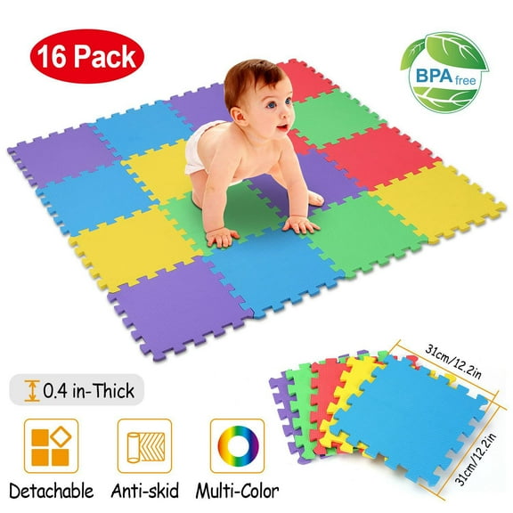 Moclever 16Pcs Portable Kids Play Mat, Kids Puzzle Exercise Mat Multi-Color Anti-Skid EVA Playmat for Infants Baby Toddlers, 12.2x0.4in