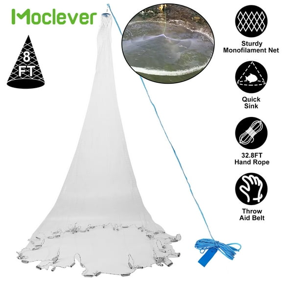 Moclever 16ft Diameter Fishing Cast Net, Heavy Duty Hand Cast Net with Chain Sinker Easy Throw