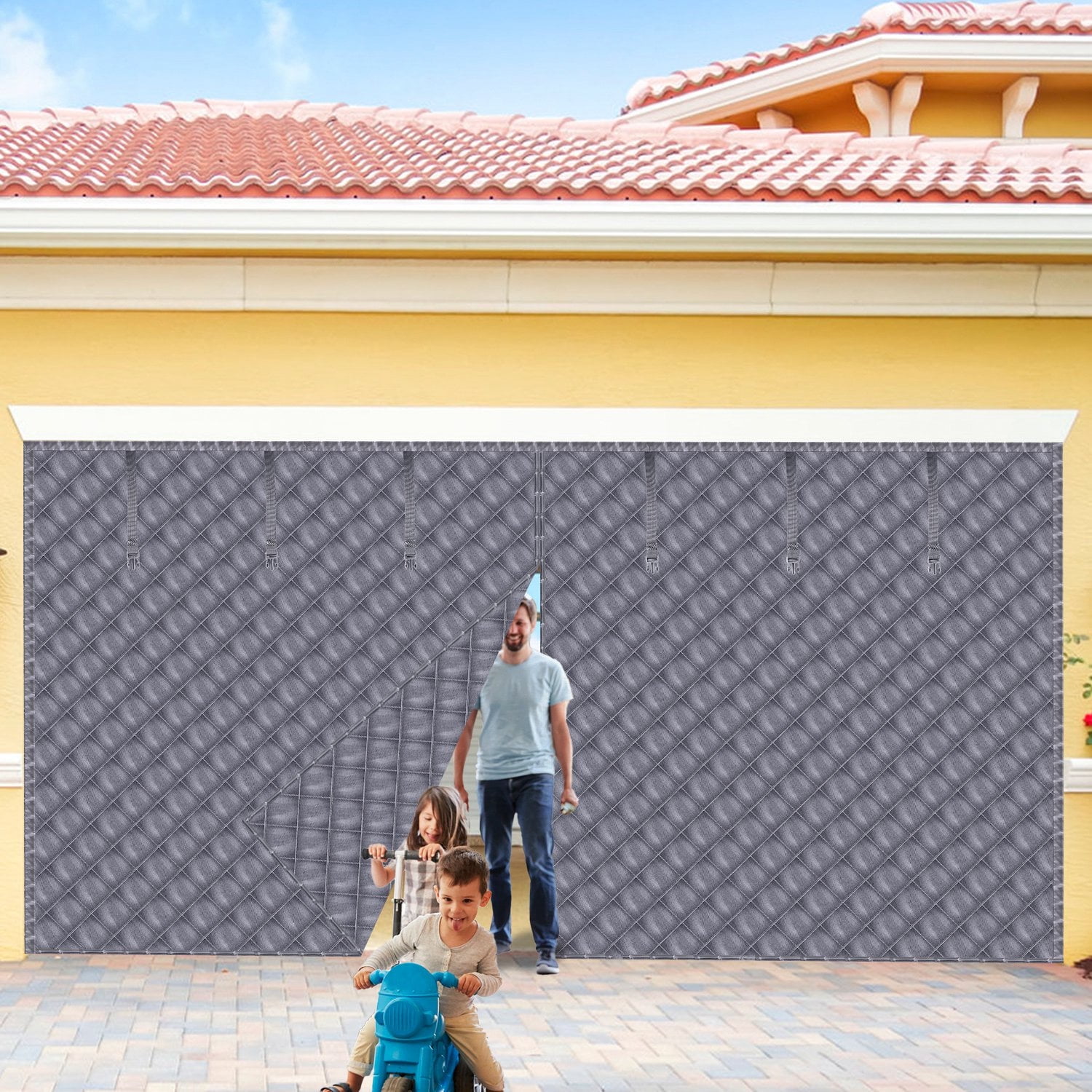 Moclever 16x7ft Magnetic Garage Door Screen, Thermal Insulated Two-Car Garage Screen with Magnetic Closure 8 Roll Up Buckle Straps, Weatherproof Windproof Soundproof, Grey