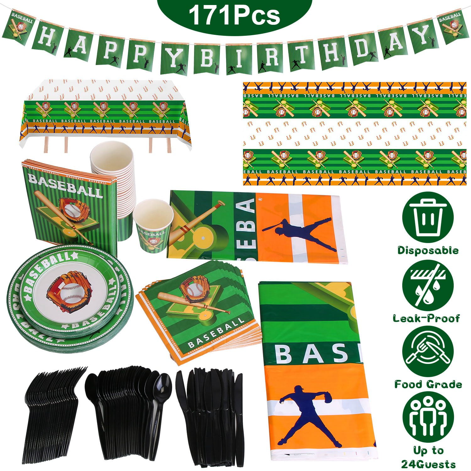 Moclever 171Pcs Baseball Party Dinnerware Supplies Kit for 24 Guests, 24 Cups 24 Forks 24 Spoons 24 Knives 24 Dinner Plates 24 Dessert Plates 24 Hand Napkins 1 Flags 2 Tableclothes, Green
