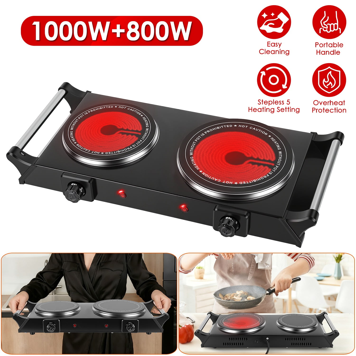 Moclever 1800W Electric Double Burner Portable Heating Hot Plate Stove Countertop RV Hotplate with 5 Temperature Stepless Adjustments Portable Handles