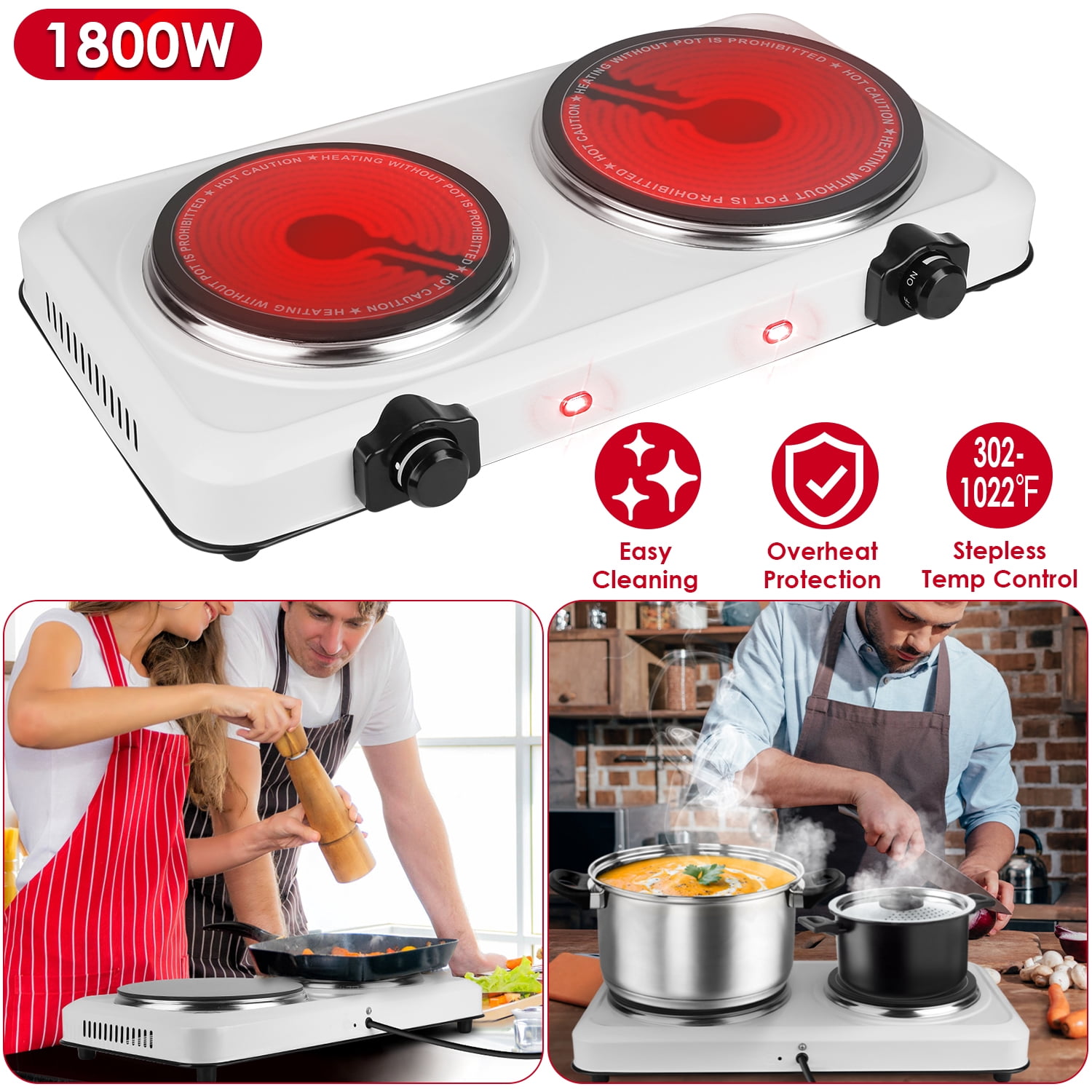 Moclever 1800W Electric Infrared Dual Burner, Electric Hot Plate Portable Countertop Burner with 7.5” & 6.3” Glass Cooktop Stepless, White