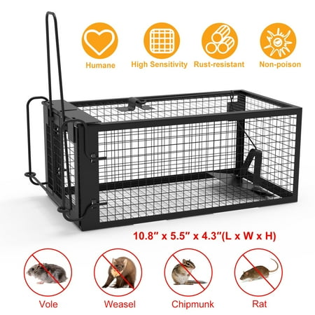 Moclever 1Pack Humane Live Rodent Trap Cage Galvanized Iron Mice Mouse Control Bait Catch with Detachable U Shaped Rod, Black