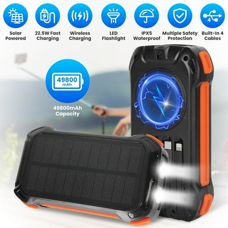 Moclever 1Pc Portable Solar Charger 49800mAh Solar Power Bank with 22.5W PD Fast Charging Built in 4 Cables 15W Wireless Charging LED Flashlight for Camping Hiking Travel