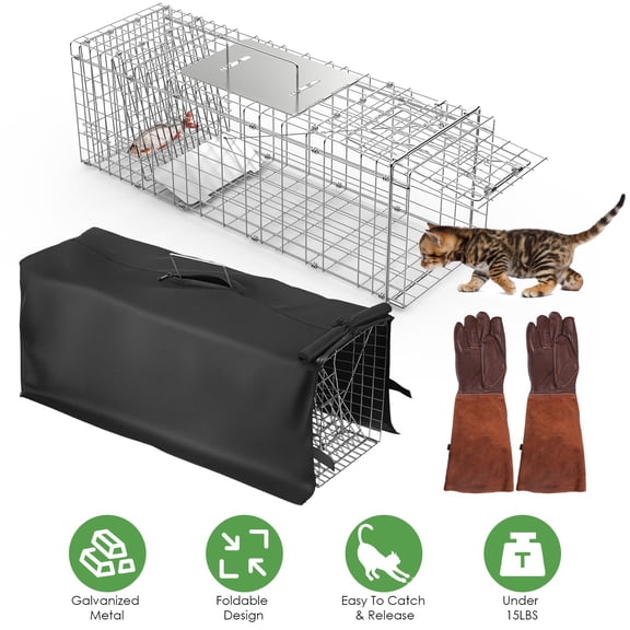 Moclever 1Pcs Heavy Duty Folding Live Animal Trap Cage with Waterproof Cover and Gloves Humane Easy to Catch and Release Trap, 31x12x11”