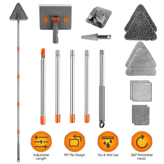 Moclever 2 in 1 Baseboard Cleaner Mop Wall Cleaner Mop, 360° Rotatable Convex Design Baseboard Cleaning Tool with 8 Reusable Mop Pads for Wall Ceiling Window, Grey