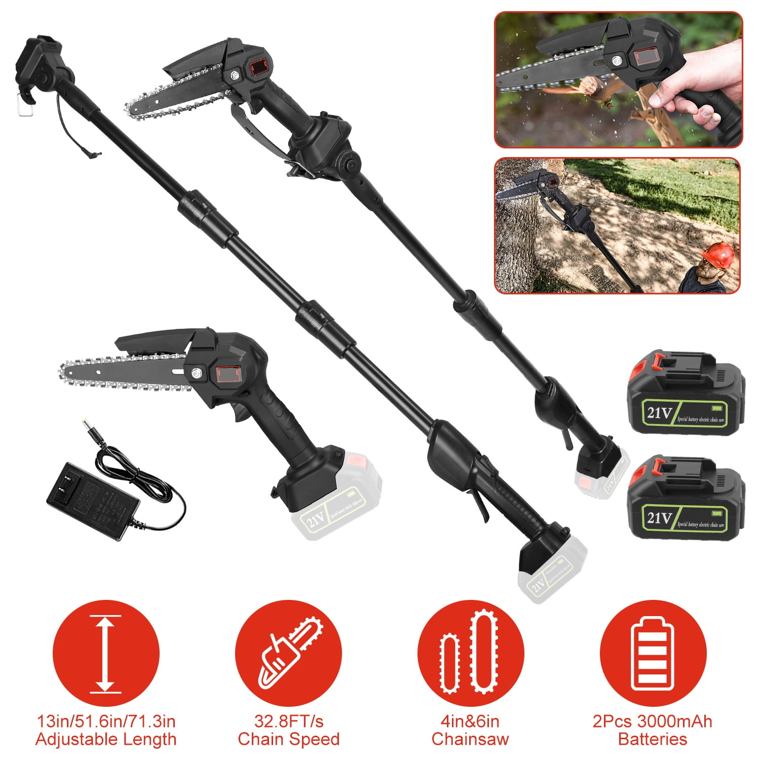 Moclever 2 in 1 Cordless Pole Saw & Electric Mini Chainsaw Length Adjustable Chain Saw with 2Pcs 3000mAh Batteries 4in/6in Chains for Tree Trimming, Black