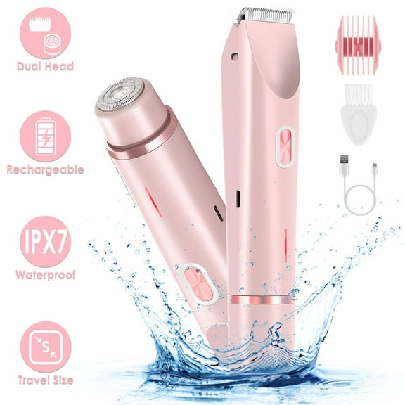 Moclever 2 in 1 Rechargeable Bikini Trimmer for Women, Dual Head Cordless Body Shaver IPX7 Waterproof Wet and Dry Use for Bikini Face Underarm Leg Arm