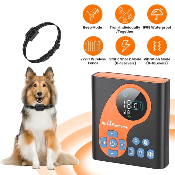 Moclever 2 in 1 Wireless Dog Fence System with 1Pc IP68 Waterproof Collar, Invisible Pet Containment with 722ft Adjustable Range Beep Vibration Static Shock