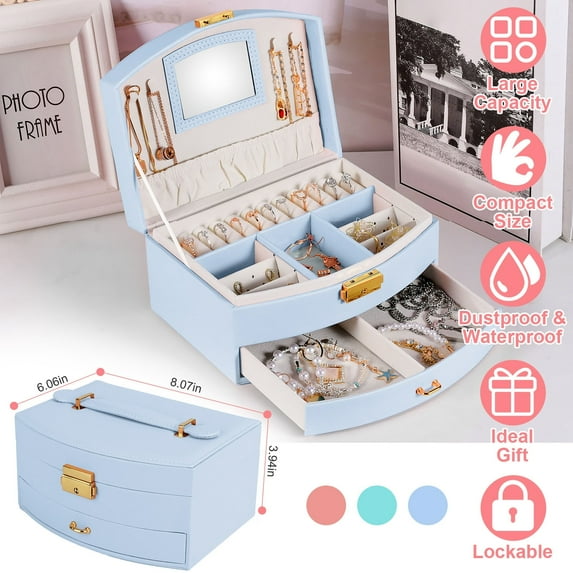 Moclever 2 Layer Jewelry Box for Women, Lockable Leather Jewelry Drawer Organizer for Rings Earrings Necklaces, Blue