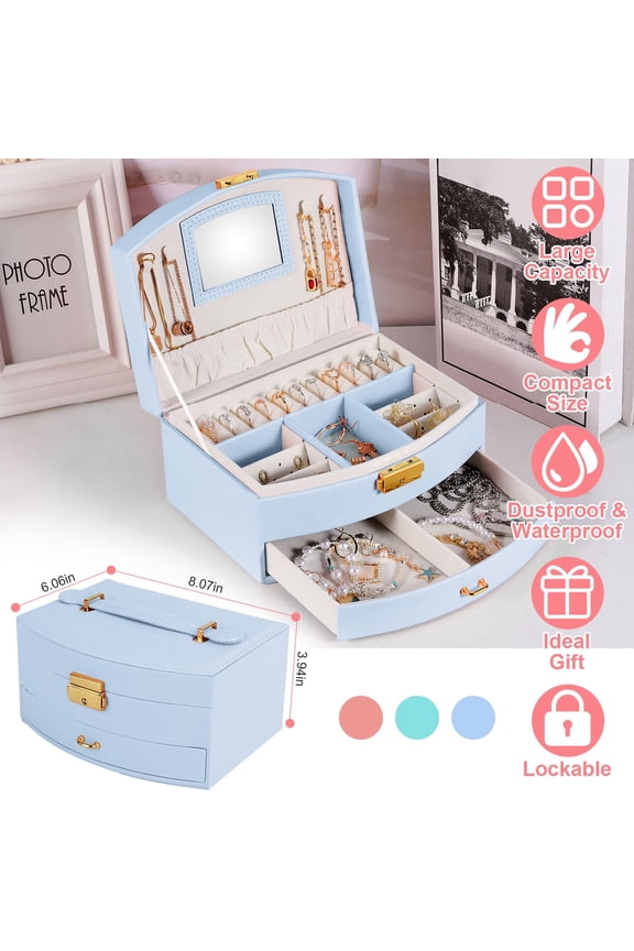 2 Layer Jewelry Box for Women, Lockable Leather Jewelry Drawer Organizer for Rings Earrings Necklaces, Blue