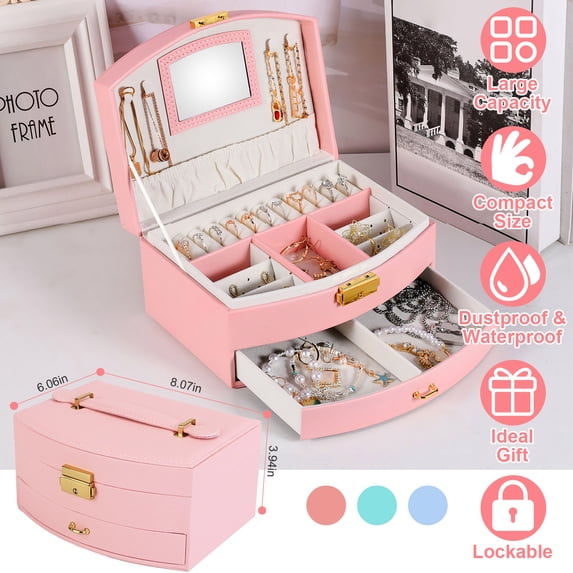 Moclever 2 Layer Jewelry Box for Women, Lockable Leather Jewelry Drawer Organizer for Rings Earrings Necklaces, Pink