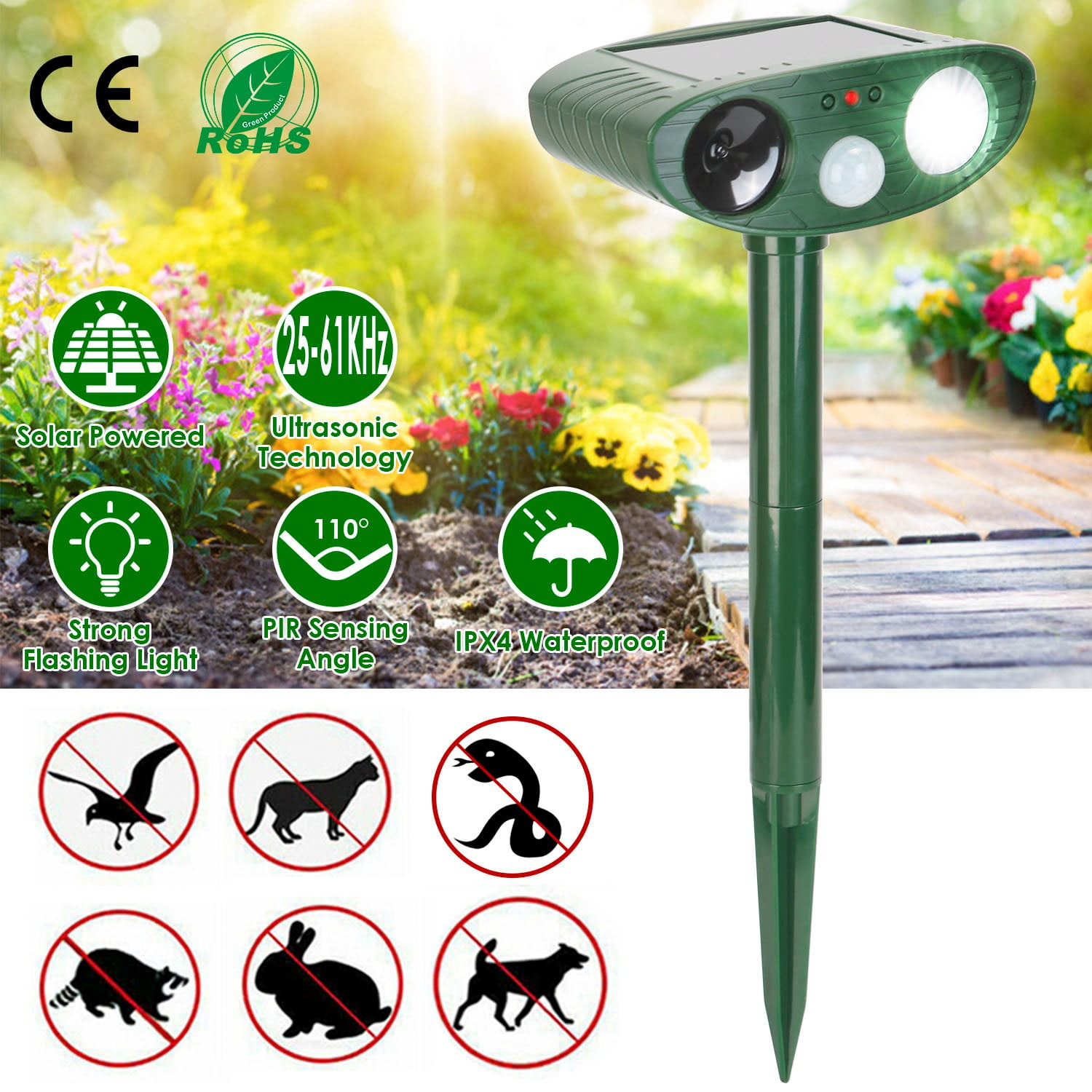 Moclever 2 Pack Solar Ultrasonic Animal Repeller PIR Sensor Animal Chaser with Flashing Light IPX4 Waterproof for Chasing Deer Raccoon Rat Rabbit Mole