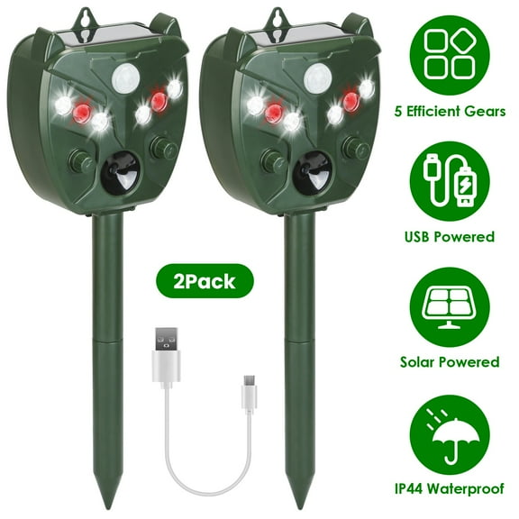 Moclever 2 Pack Ultrasonic Solar Animal Repeller Outdoor Waterproof Pest Driver with 5 Gears for Farm Garden Yard