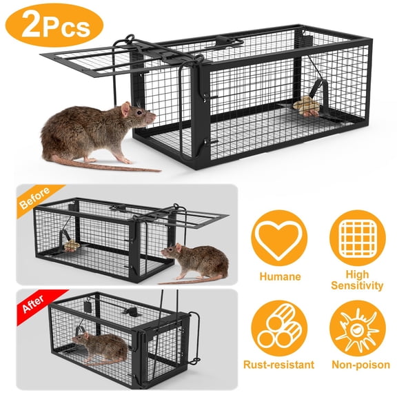 Moclever 2 Packs Humane Live Rodent Trap Cage Galvanized Iron Mice Mouse Control Bait Catch with Detachable U Shaped Rod, Black