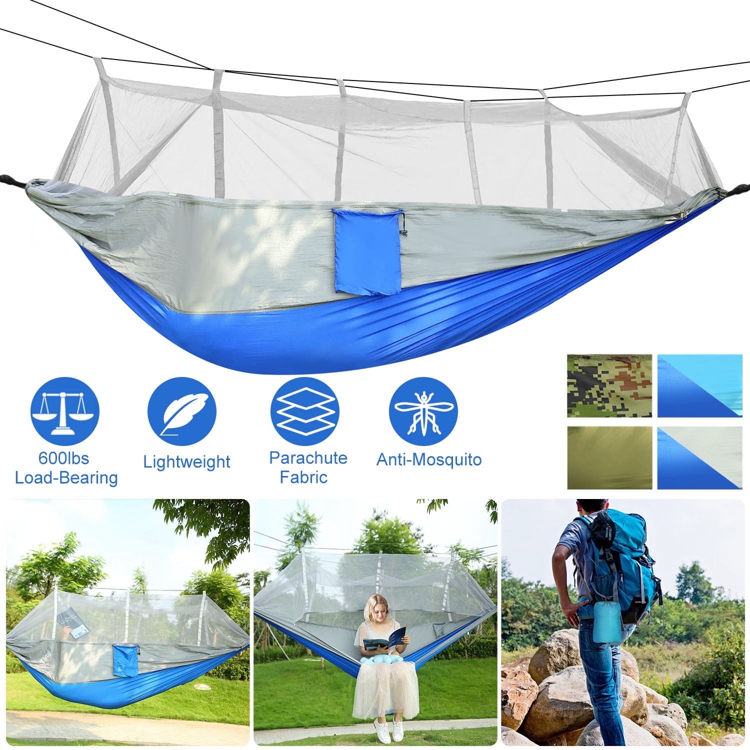 Moclever 2 Persons Camping Hammock, Nylon Swing Hanging Bed 600lbs Load with Mosquito Net, Gray Blue