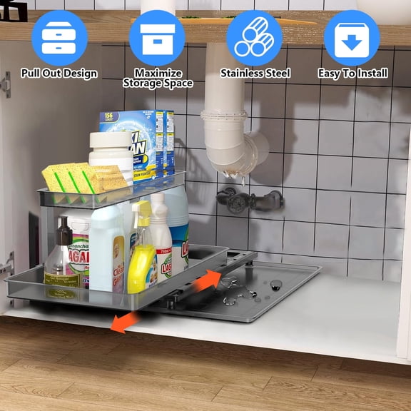 Moclever 2 Tier Pull Out Under Sink Organizer, Kitchen Slide Out Cabinet Organizer with Sliding Drawer Tray for Bathroom Kitchen, Clear Black