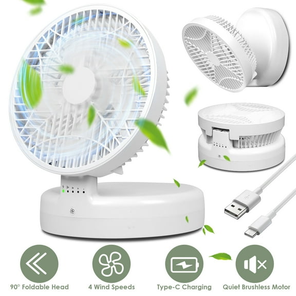 Moclever 2 in 1 Foldable Quiet Desk Fan Wall Mounted Fan Type-C Rechargeable with 4 Wind Speeds for Home Bedroom Office Outdoor Travel, White