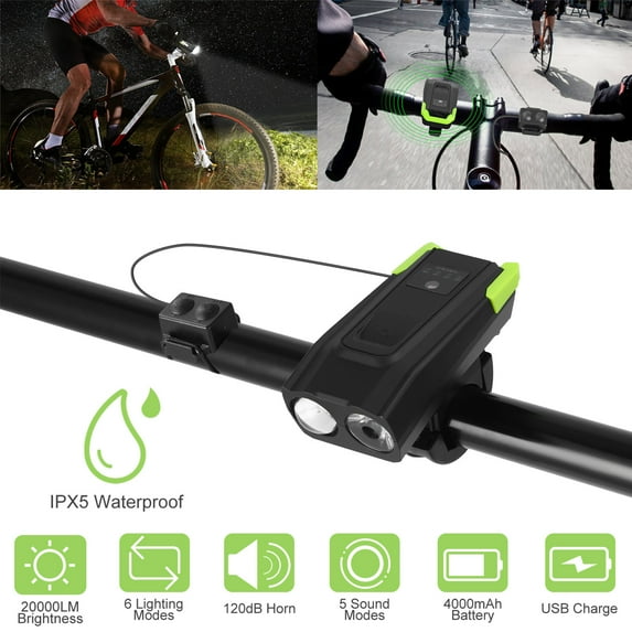 Moclever 20000LM Bike Front Light, IPX5 Waterproof Bicycle Headlights with 120dB Loud Horn 4000mAh USB Rechargeable for Night Riding, Black