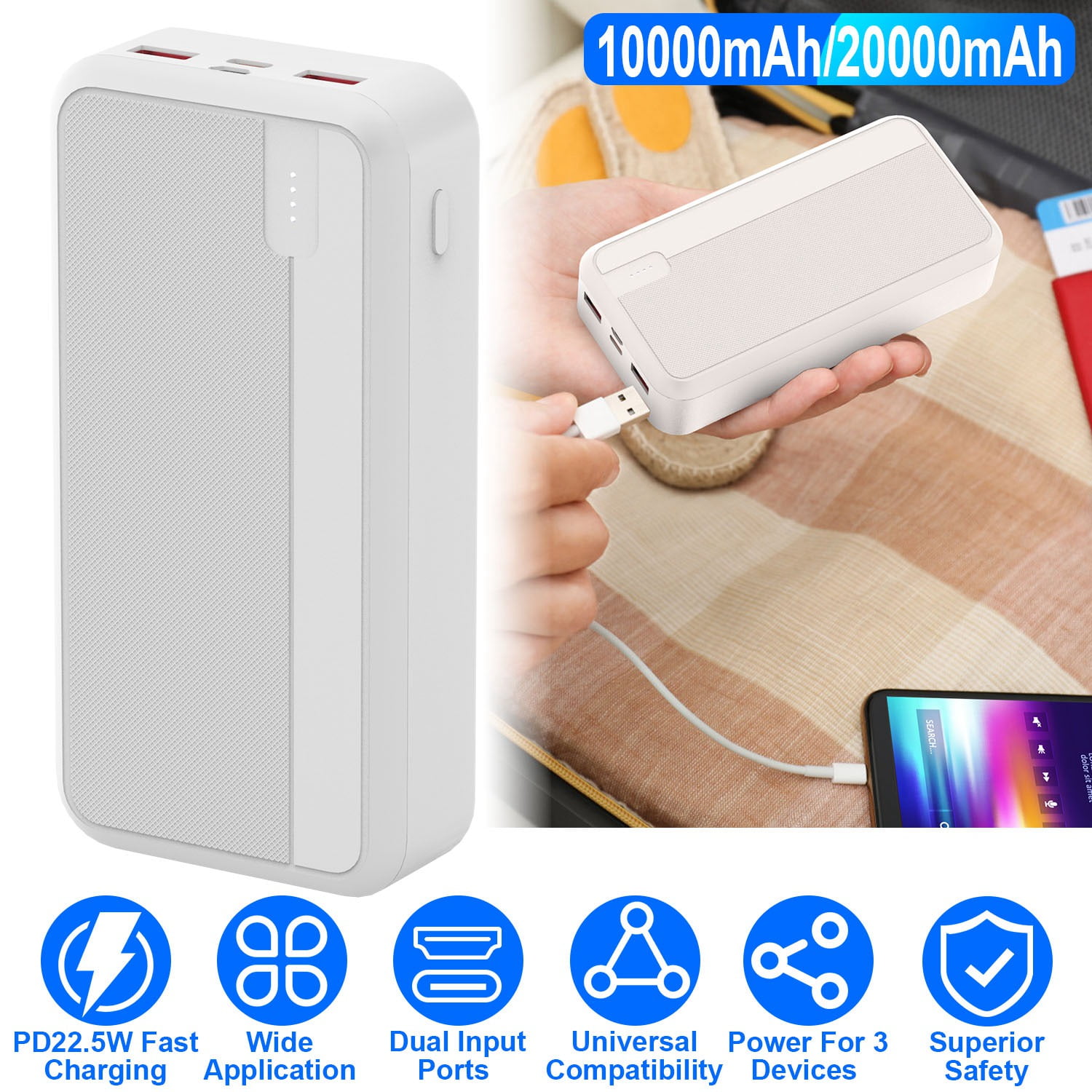 Moclever 20000mAh PD22.5W Fast Charging Power Bank, Portable Phone Charger with Type-C USB Cable Fit for IOS Phone 15/14 Samsung Galaxy S24, White