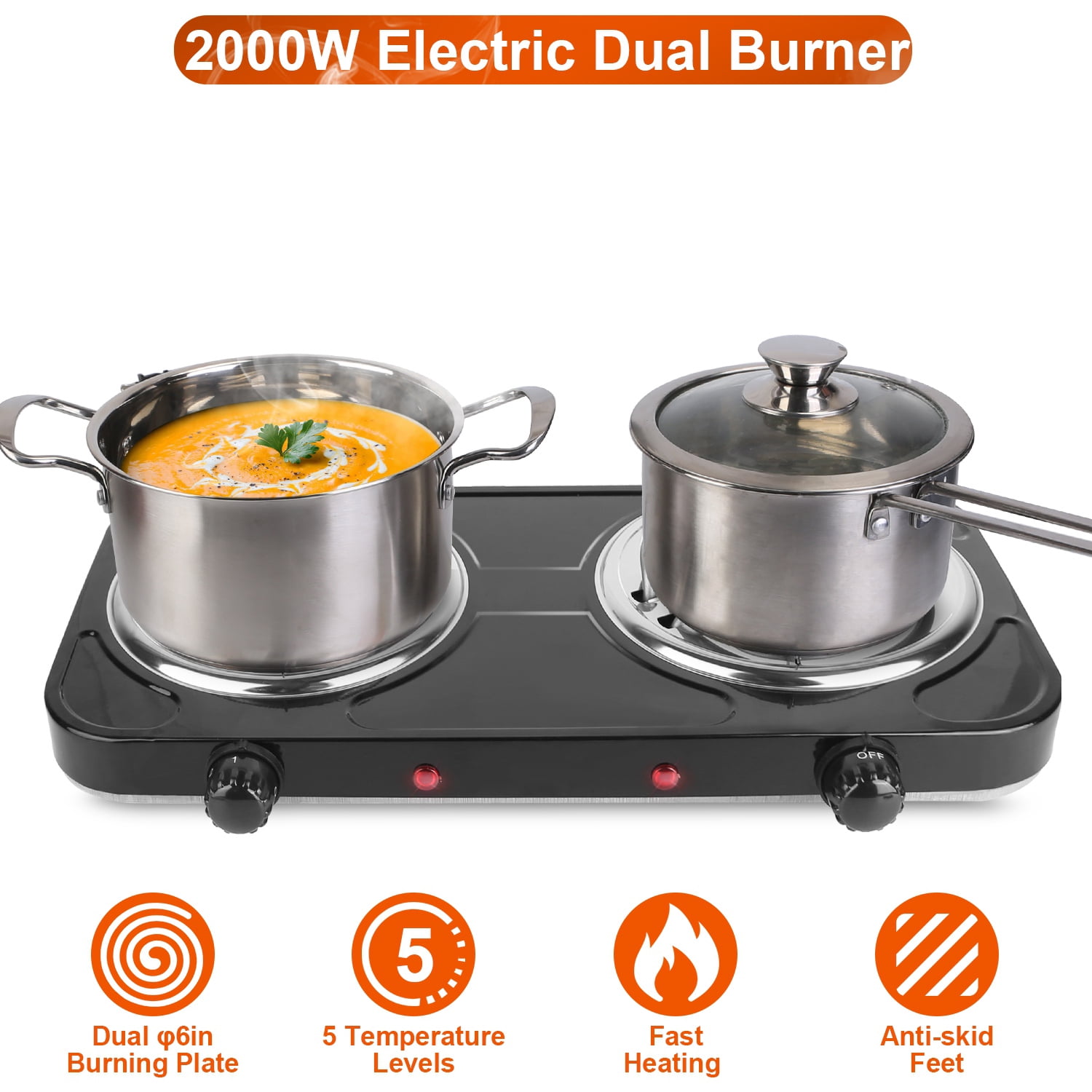 Moclever 2000W Double Burner Electric Hot Plate, Portable Coil Stove with 5 Temperature Settings, Non-Slip Feet for Countertop RV Dorm, Black