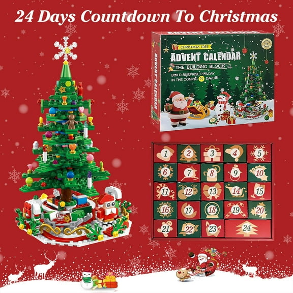 Moclever 24 Days Christmas Countdown Calendar Tabletop Christmas Building Block, Christmas Tree Building Set with LED Light for Boys Girls 3-6