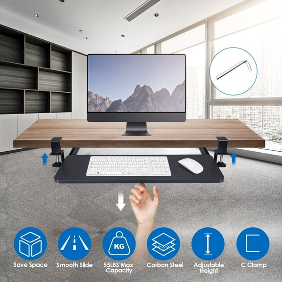 Moclever 25.59x9.64in Keyboard Tray Under Desk, Retractable Slide Out Drawer Height Adjustable with C Clamp 55LBS Load for Home Office, Black